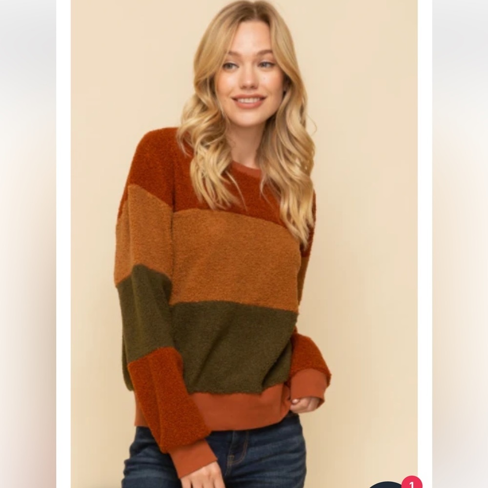 Fall Sweater! Orange, green, and taupe colored sweater.